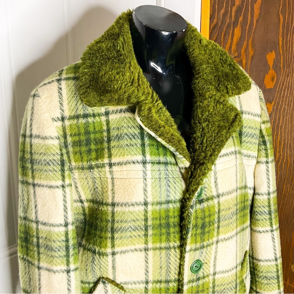 VINTAGE 1960s Green Wool Plaid Jacket | Tartan Check Hunting Coat Unisex S/M - Picture 3 of 16